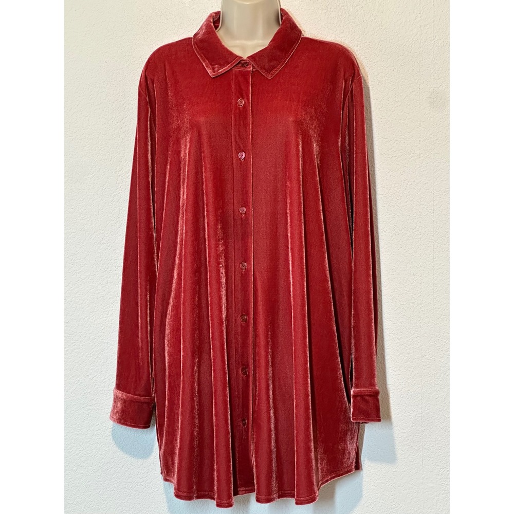 Soft Surroundings Red Pink Velvet Button Front Tunic Shirt 5FW39 Womens 2X Top